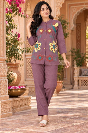Levender Floral Embroidered Nylon Co-Ord Set (ACB2744)