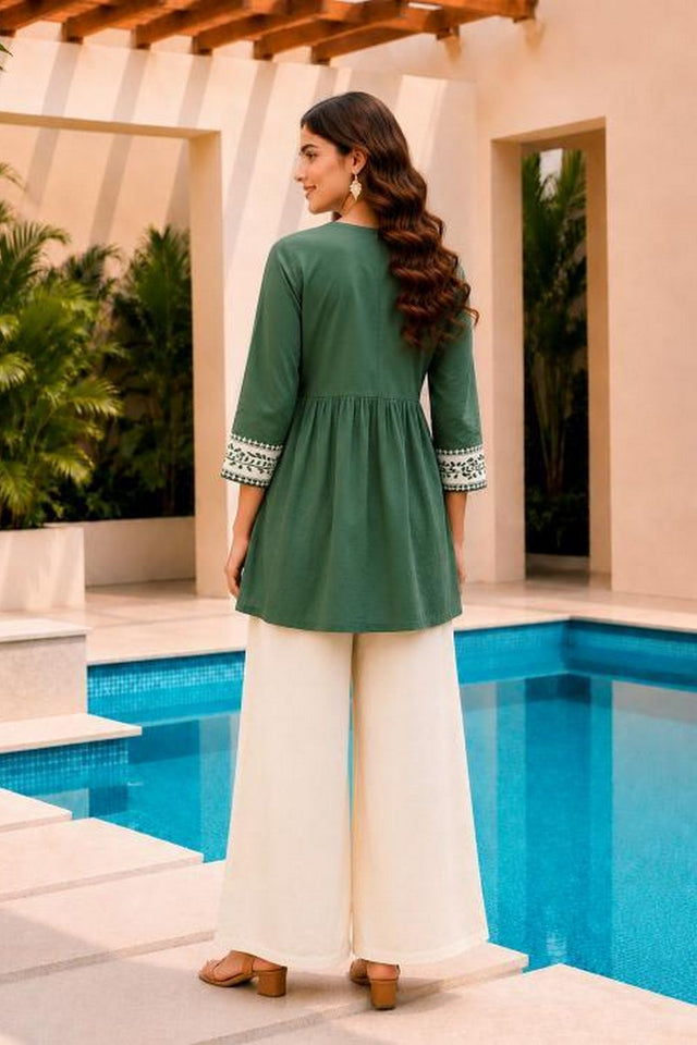 Teal Green Floral Embroidered Cotton Short Kurti (ACB2755)
