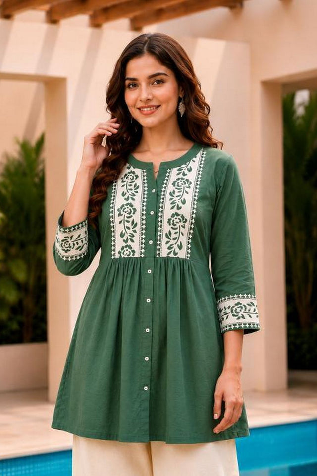 Teal Green Floral Embroidered Cotton Short Kurti (ACB2755)