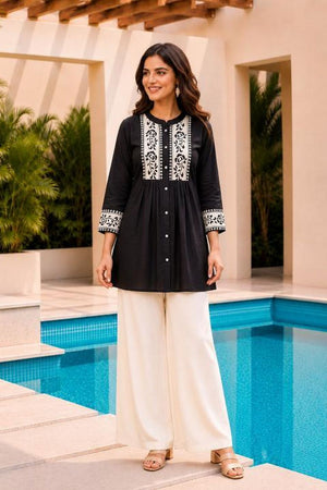 Black Floral Embroidered Cotton Short Kurti (ACB2756)