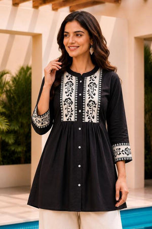 Black Floral Embroidered Cotton Short Kurti (ACB2756)