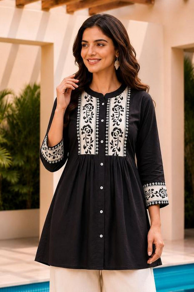 Black Floral Embroidered Cotton Short Kurti (ACB2756)