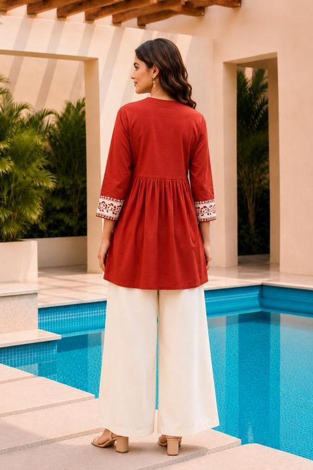 Orange Floral Embroidered Cotton Short Kurti (ACB2757)
