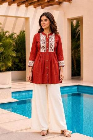 Orange Floral Embroidered Cotton Short Kurti (ACB2757)