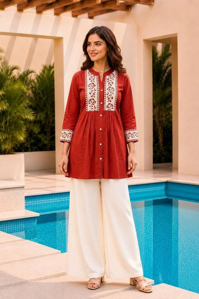 Orange Floral Embroidered Cotton Short Kurti (ACB2757)