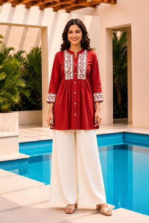Orange Floral Embroidered Cotton Short Kurti (ACB2757)