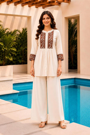 Beige Floral Embroidered Cotton Short Kurti (ACB2758)