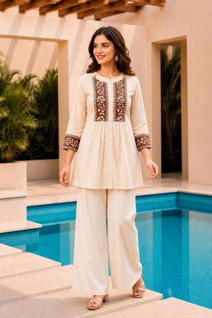 Beige Floral Embroidered Cotton Short Kurti (ACB2758)