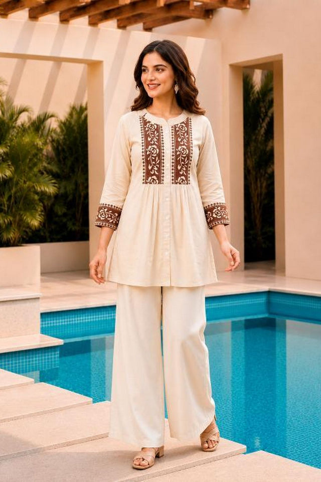 Beige Floral Embroidered Cotton Short Kurti (ACB2758)