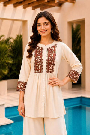 Beige Floral Embroidered Cotton Short Kurti (ACB2758)