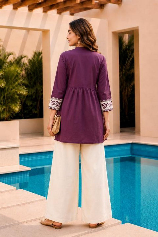 Purple Floral Embroidered Cotton Short Kurti (ACB2759)