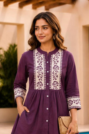 Purple Floral Embroidered Cotton Short Kurti (ACB2759)