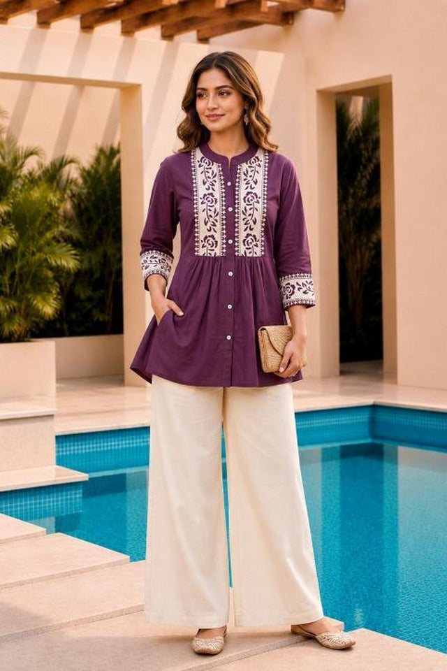 Purple Floral Embroidered Cotton Short Kurti (ACB2759)