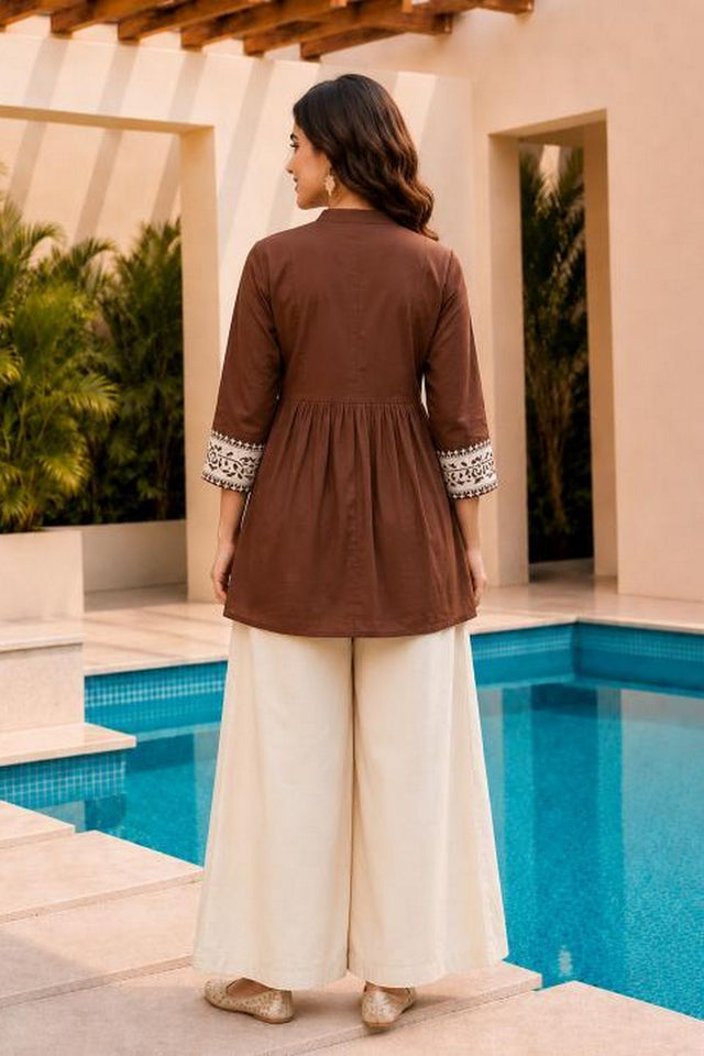 Brown Floral Embroidered Cotton Short Kurti (ACB2760)