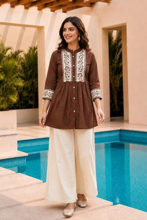 Brown Floral Embroidered Cotton Short Kurti (ACB2760)