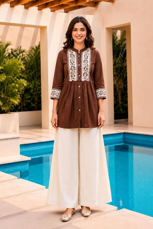 Brown Floral Embroidered Cotton Short Kurti (ACB2760)