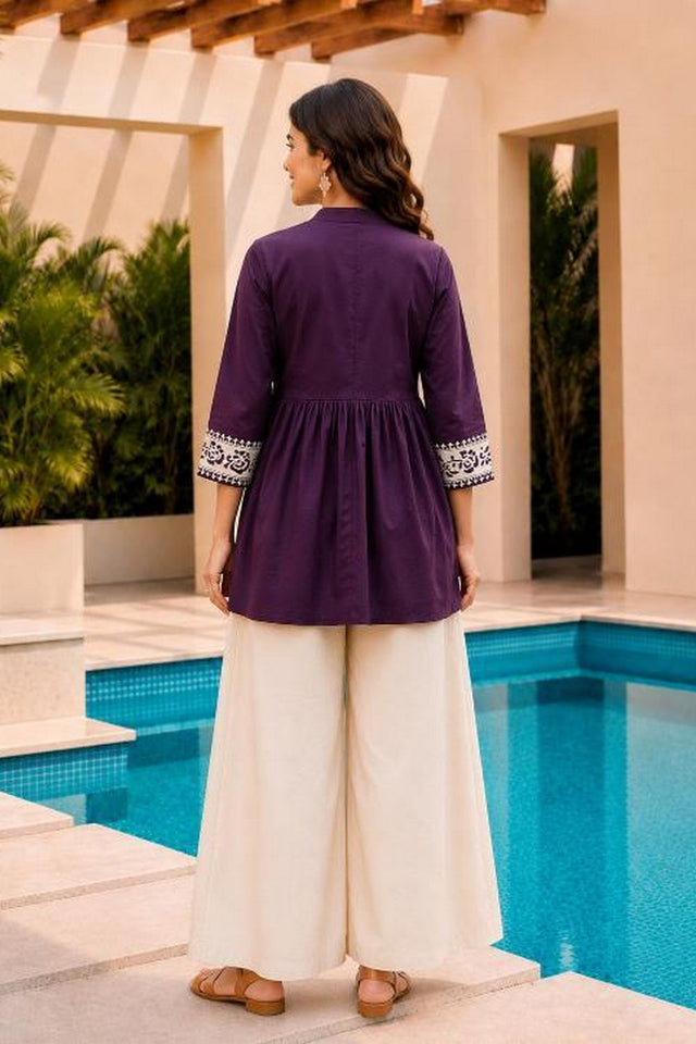 Violet Floral Embroidered Cotton Short Kurti (ACB2761)