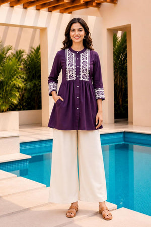 Violet Floral Embroidered Cotton Short Kurti (ACB2761)