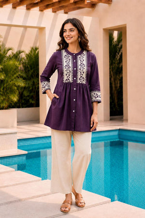 Violet Floral Embroidered Cotton Short Kurti (ACB2761)