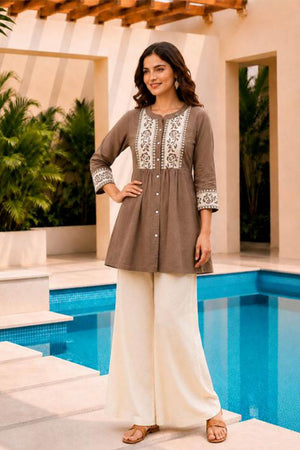 Brown Floral Embroidered Cotton Short Kurti (ACB2762)
