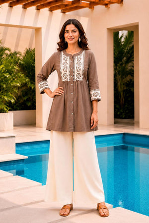 Brown Floral Embroidered Cotton Short Kurti (ACB2762)