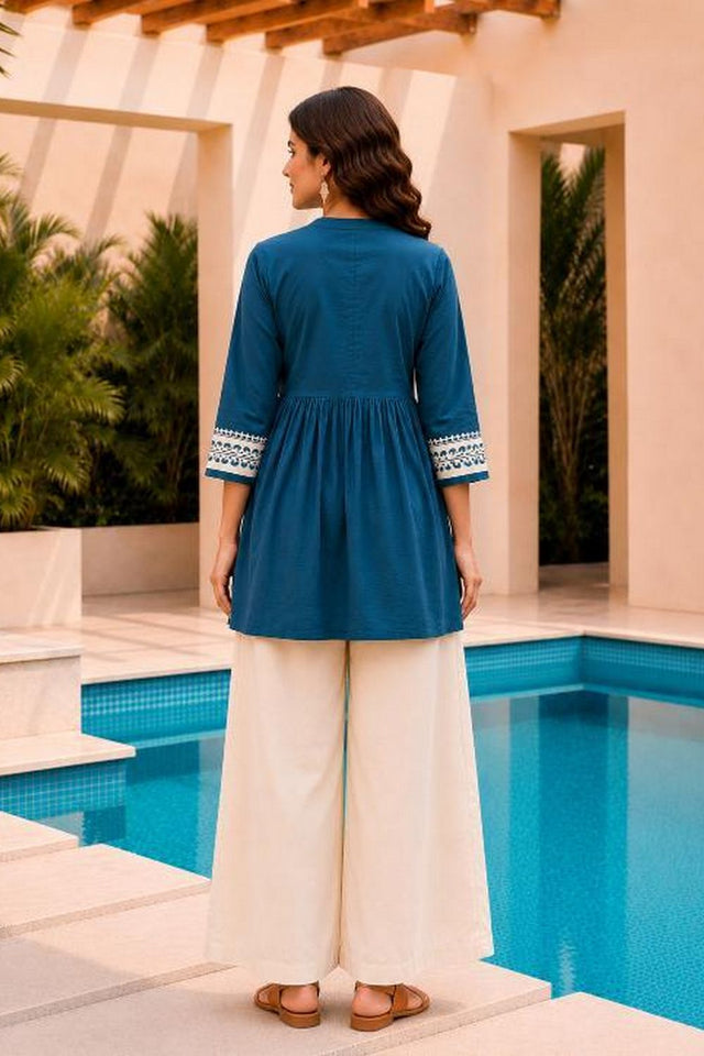 Teal Blue Floral Embroidered Cotton Short Kurti (ACB2763)