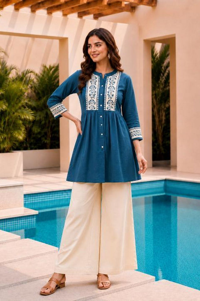 Teal Blue Floral Embroidered Cotton Short Kurti (ACB2763)