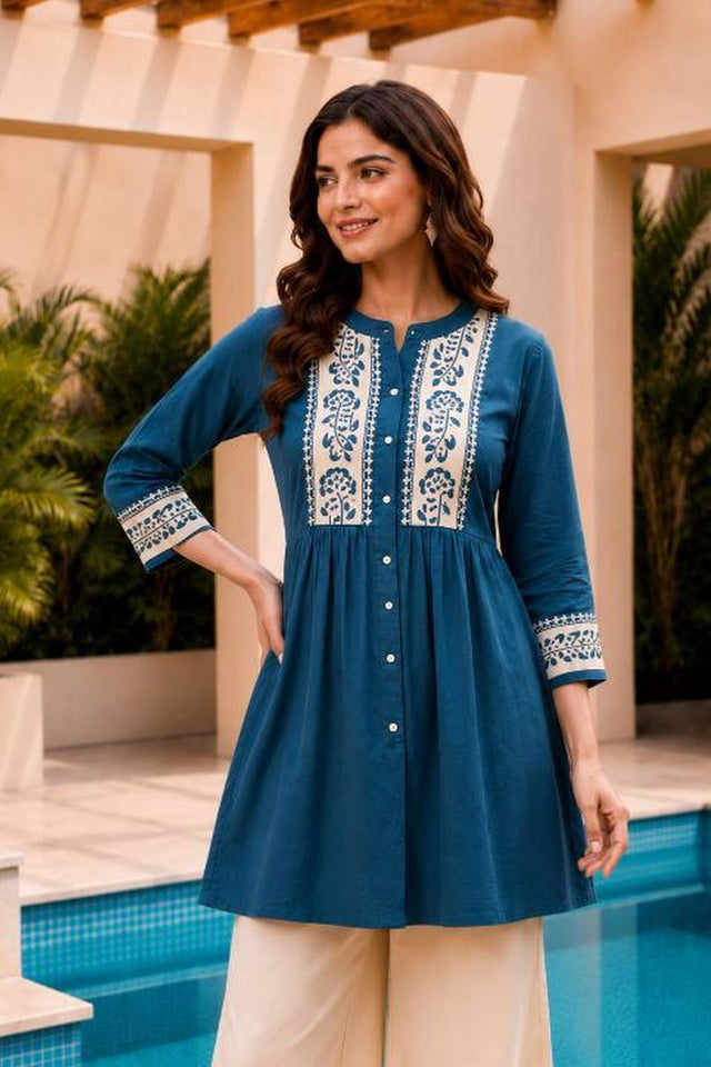 Teal Blue Floral Embroidered Cotton Short Kurti (ACB2763)