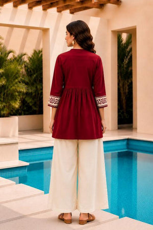 Maroon Floral Embroidered Cotton Short Kurti (ACB2764)