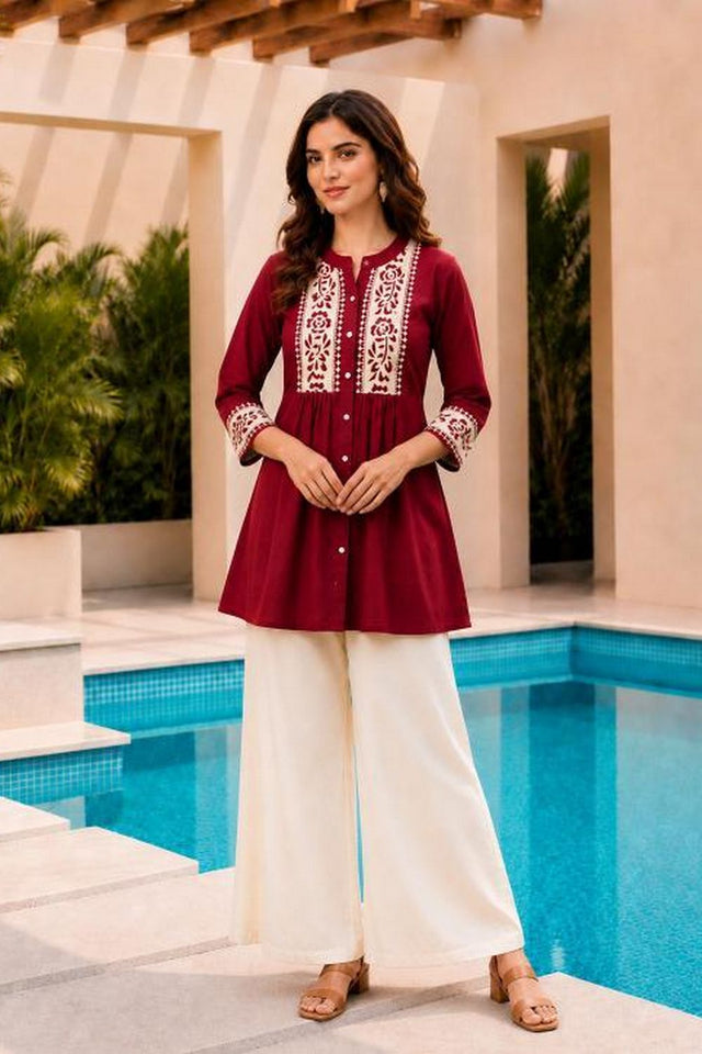 Maroon Floral Embroidered Cotton Short Kurti (ACB2764)