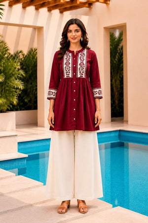 Maroon Floral Embroidered Cotton Short Kurti (ACB2764)