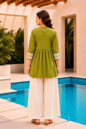 Green Floral Embroidered Cotton Short Kurti (ACB2765)