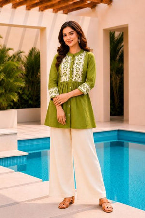 Green Floral Embroidered Cotton Short Kurti (ACB2765)