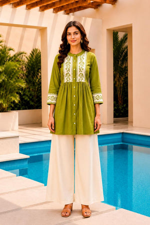 Green Floral Embroidered Cotton Short Kurti (ACB2765)