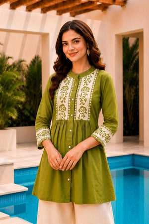 Green Floral Embroidered Cotton Short Kurti (ACB2765)