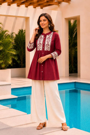 Red Floral Embroidered Cotton Short Kurti (ACB2766)