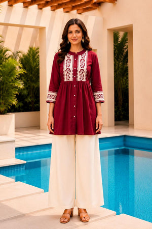Red Floral Embroidered Cotton Short Kurti (ACB2766)
