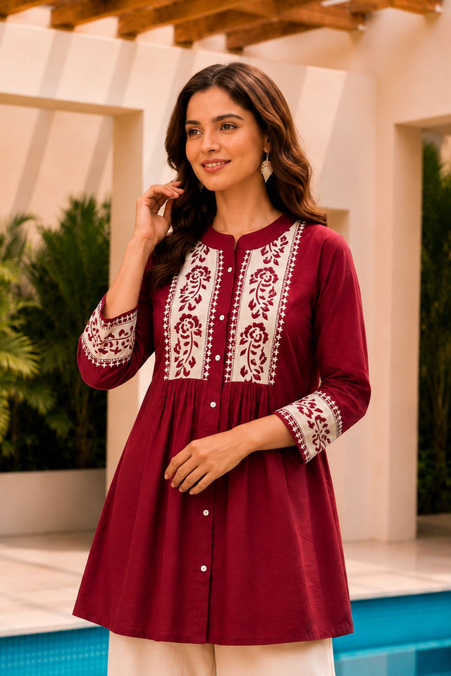 Red Floral Embroidered Cotton Short Kurti (ACB2766)