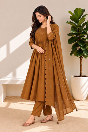 Brown Floral Embroidered Chanderi Anarkali Suit (ACB2767)