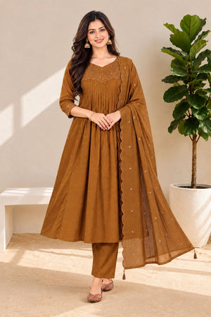 Brown Floral Embroidered Chanderi Anarkali Suit (ACB2767)