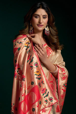 Beige Jacquard Woven Tissue Silk Saree (ACB2771)