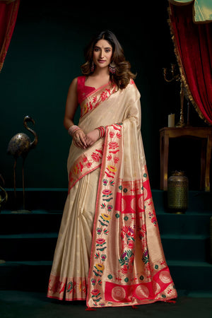 Beige Jacquard Woven Tissue Silk Saree (ACB2771)
