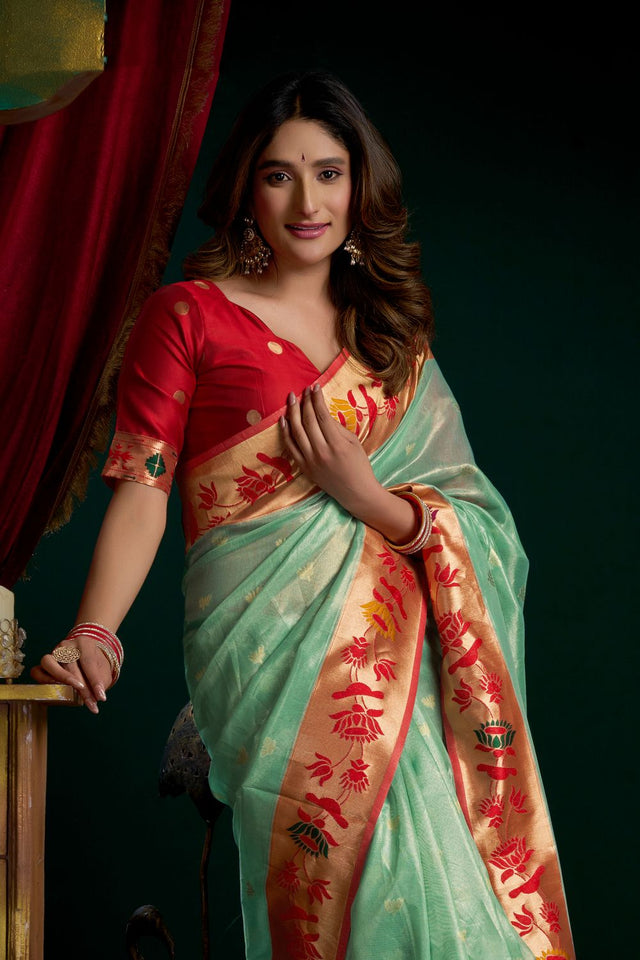 Sea Green Jacquard Woven Tissue Silk Saree (ACB2772)