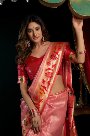 Pink Jacquard Woven Tissue Silk Saree (ACB2775)