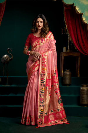 Pink Jacquard Woven Tissue Silk Saree (ACB2775)