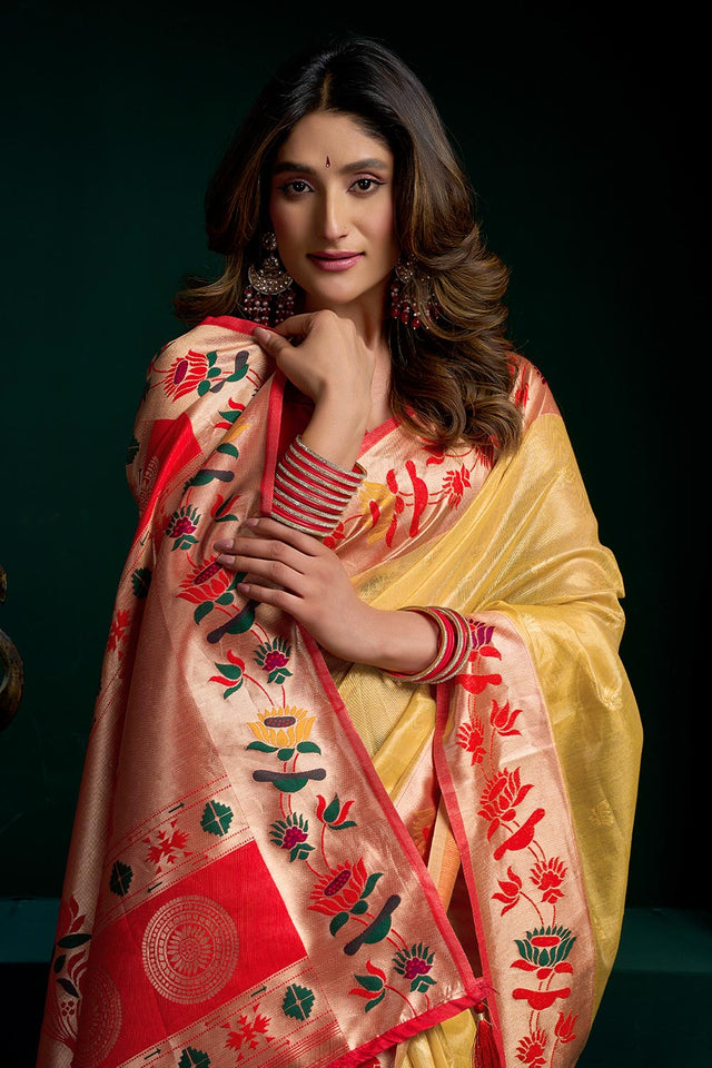 Yellow Jacquard Woven Tissue Silk Saree (ACB2776)