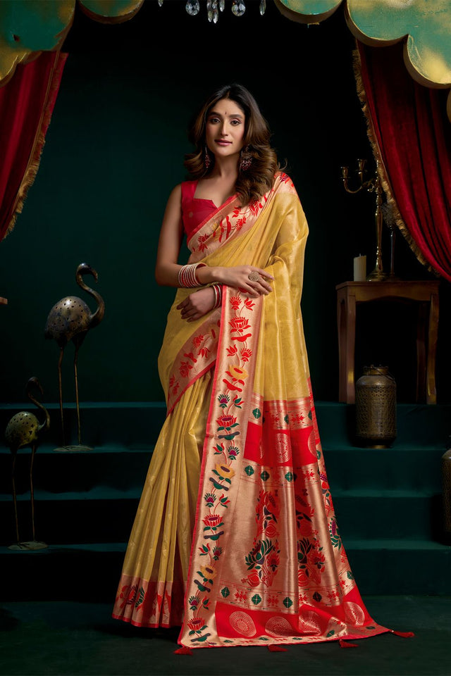 Yellow Jacquard Woven Tissue Silk Saree (ACB2776)