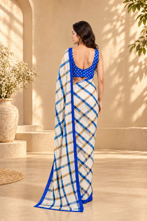 Blue Striped Printed Satin Ready to Wear Saree (ACB2782)
