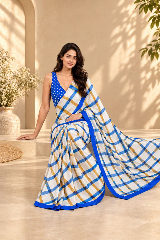 Blue Striped Printed Satin Ready to Wear Saree (ACB2782)