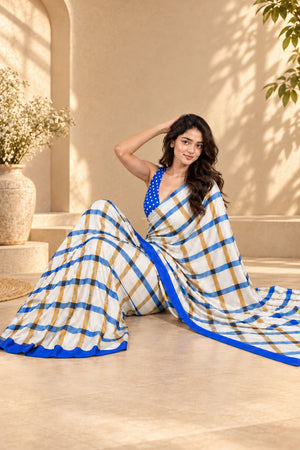 Blue Striped Printed Satin Ready to Wear Saree (ACB2782)